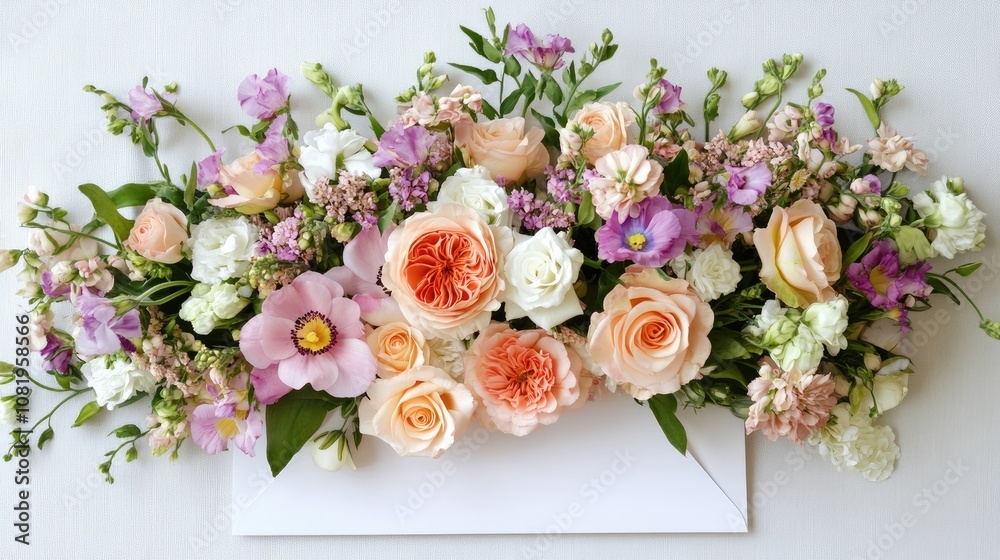 Simple blank card with a bouquet of mixed seasonal flowers on a white background, evoking a fresh and celebratory atmosphere. Simple blank card with a bouquet of mixed seasonal flowers on a white background, evoking a fresh and celebratory atmosphere.