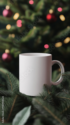 White ceramic tea mug mockup with Santa toy, winter x-mas decorations and copy space for your imprint. Front view 10oz cup background for Christmas promotional content
 photo