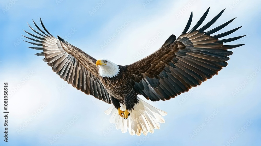 Obraz premium Bald Eagle in Flight with Spread Wings Against Blue Sky