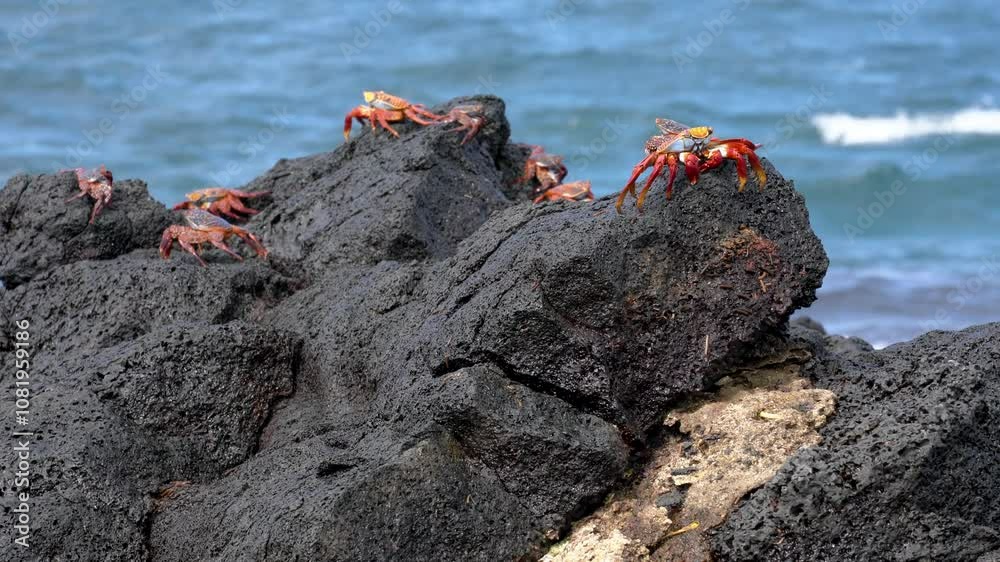 Several sally lightfoot crabs are inhabiting volcanic rocks on the coast of the galapagos islands Several sally lightfoot crabs are inhabiting volcanic rocks on the coast of the galapagos islands