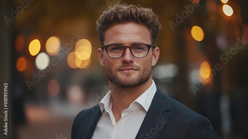 Portrait of a Man in a Suit, Wearing Glasses, in a City at Night with Bokeh Background