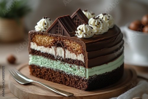 A slice of chocolate and mint cake with whipped cream on top, cake with a house-shaped design photo