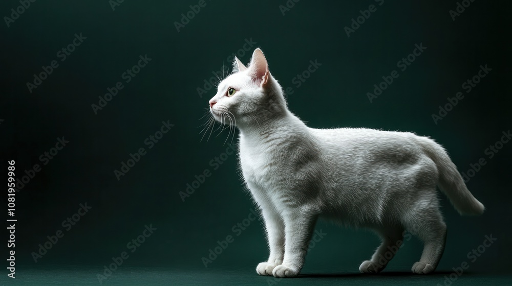 High-resolution shot of a white cat with short fur, standing in an alert pose, gazing to the side, on a dark green gradient background High-resolution shot of a white cat with short fur, standing in an alert pose, gazing to the side, on a dark green gradient background