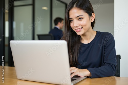 Young Professional Woman Working on Laptop in Modern Office Setting, Ideal for Business and Technology Concepts