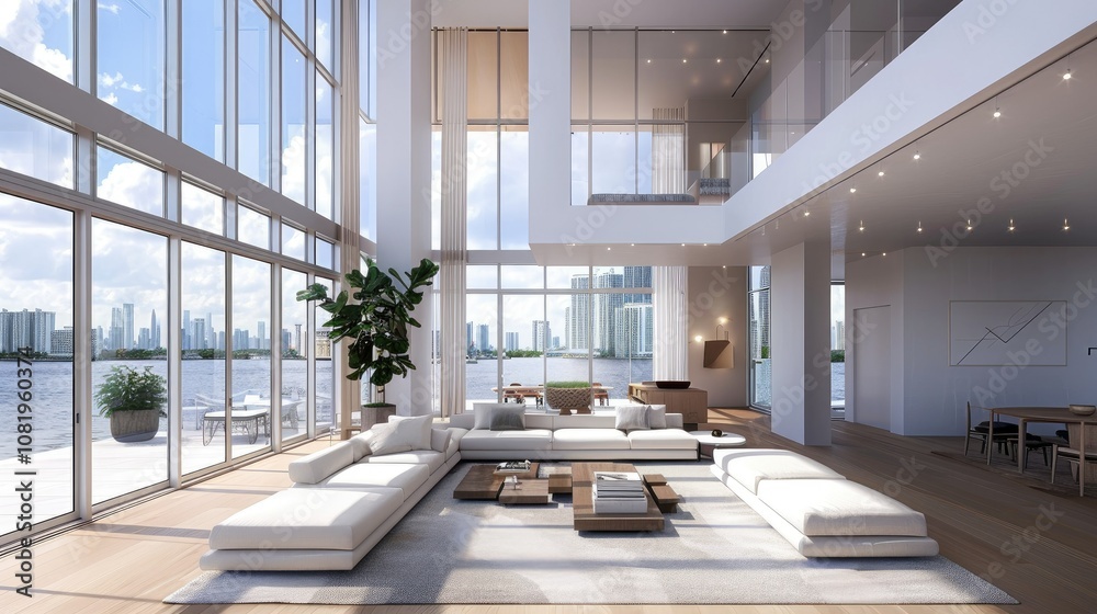 Fototapeta premium Light-filled minimalist living room with floor-to-ceiling windows