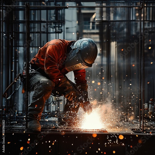 Male construction worker welding with sparks flying in a dynamic industrial setting.