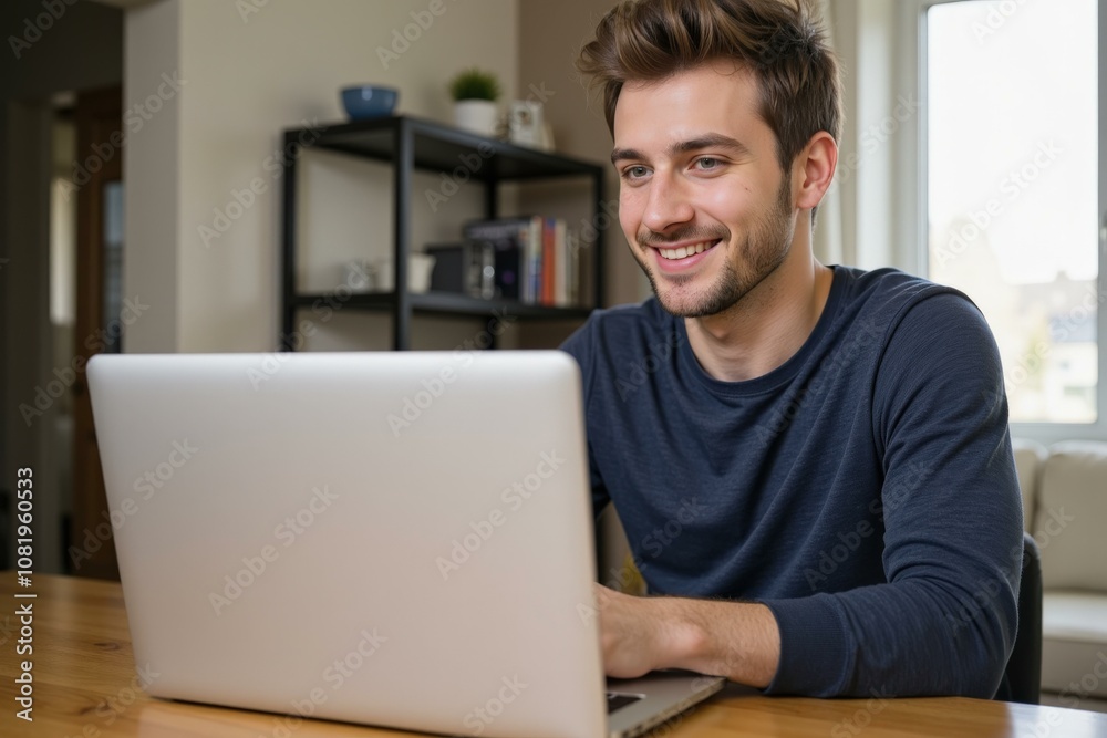 Happy Young Man Working on Laptop in Modern Home Office Setting, Ideal for Web Design, Marketing, and Freelance Work Happy Young Man Working on Laptop in Modern Home Office Setting, Ideal for Web Design, Marketing, and Freelance Work