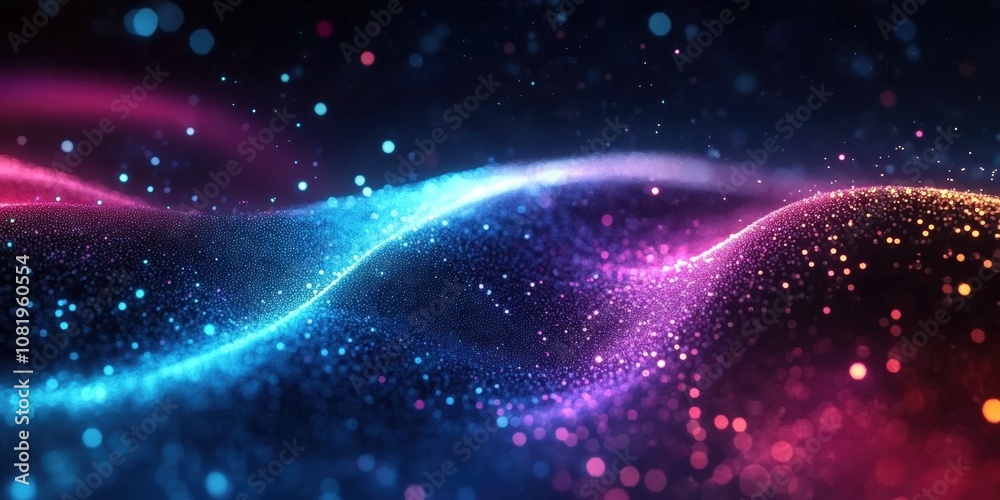 Abstract Fluid Waves with Colorful Particles and Glowing Sparkles in a Dreamlike Background for Technology and Art Concepts Abstract Fluid Waves with Colorful Particles and Glowing Sparkles in a Dreamlike Background for Technology and Art Concepts