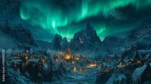 Majestic Northern Lights Illuminate a Snowy Mountain Village Under a Starry Sky with Glowing Cabins and Scenic Natural Beauty