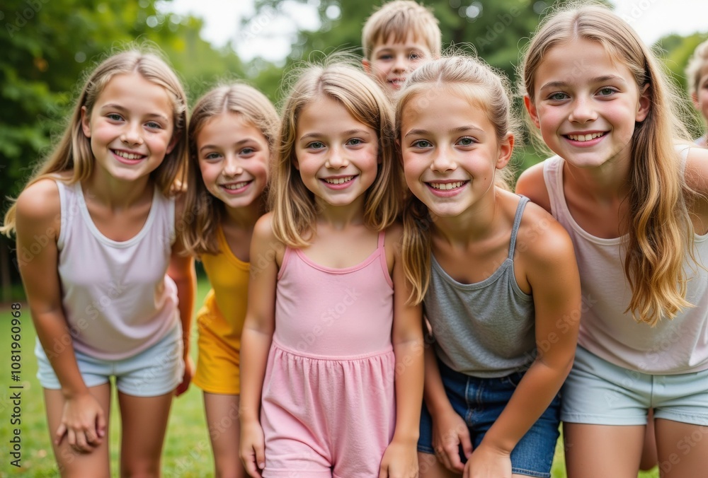 Happy Young Girls Posing Outdoors in Summer, Perfect for Family, Kids, and Friendship Themed Greetings and Invitations