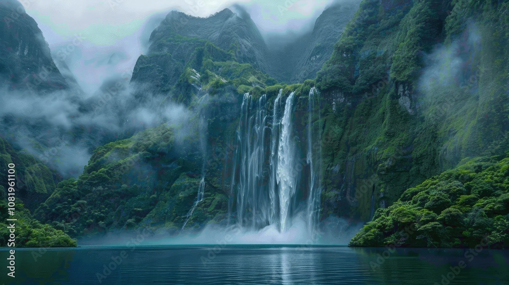 Fototapeta premium Majestic waterfall cascading into a serene lake