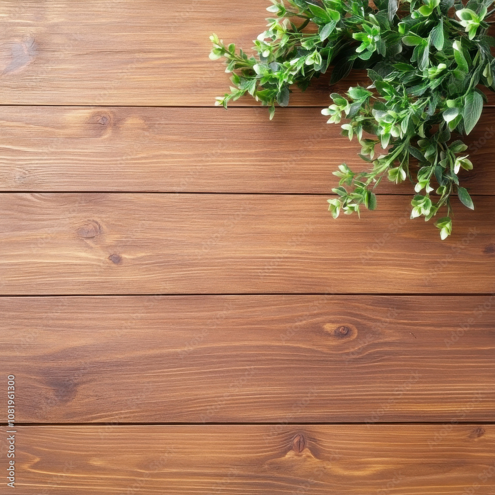 top view of old wooden desk featuring touch of greenery, creating warm and inviting atmosphere. natural textures and colors enhance overall aesthetic