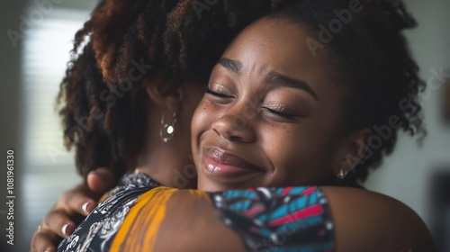 Two young women embrace each other in a tender hug, smiling with eyes closed.