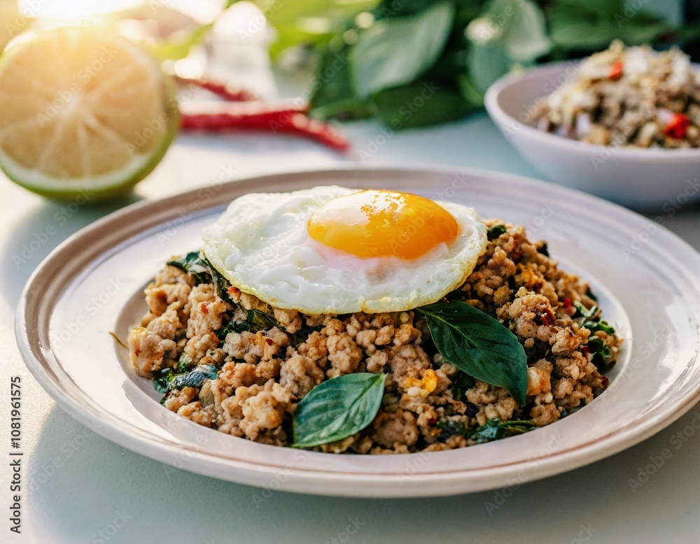 Phat Kaphrao Stir-Fried Minced Pork with Holy Basil and Fried Egg, Served in a Street Food Style Setting with Bold Flavors and a Casual Thai Vibe Phat Kaphrao Stir-Fried Minced Pork with Holy Basil and Fried Egg, Served in a Street Food Style Setting with Bold Flavors and a Casual Thai Vibe