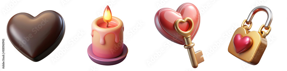 Valentine cute 3d decor. A collection of heart-themed objects including a chocolate heart, a candle, a key, and a padlock. Valentine cute 3d decor. A collection of heart-themed objects including a chocolate heart, a candle, a key, and a padlock.