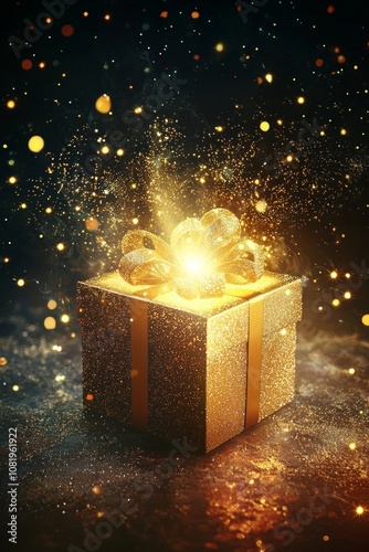 An elegant gift box with a soft glow emanating, symbolizing surprise and excitement, with holiday-themed elements around it. 