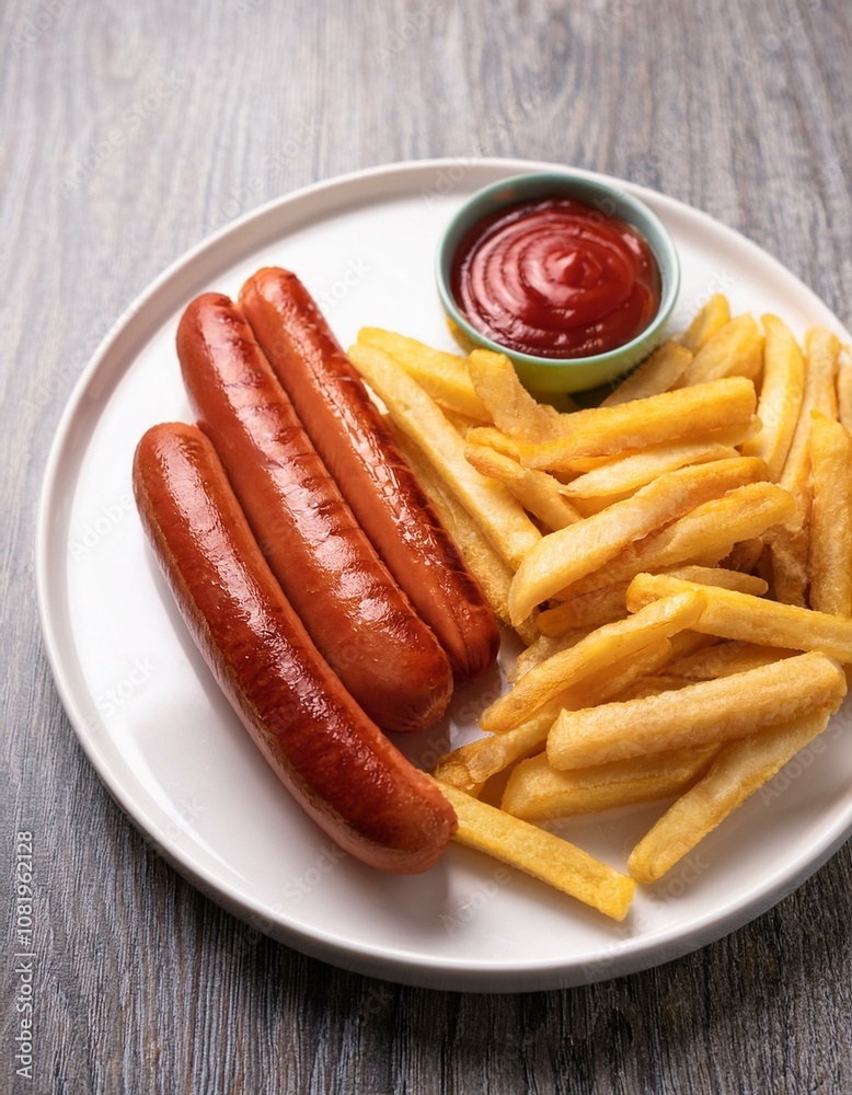 crispy French fries and two hot dogs served with a side of ketchup in a white dish crispy French fries and two hot dogs served with a side of ketchup in a white dish