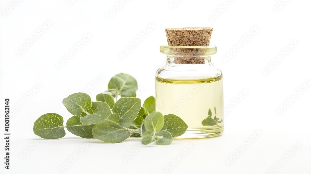 Glass Bottle of Essential Oil with Sprig of Green Leaves Glass Bottle of Essential Oil with Sprig of Green Leaves