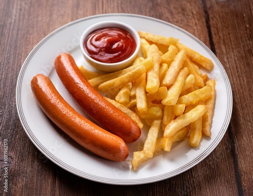 crispy French fries and two hot dogs served with a side of ketchup in a white dish