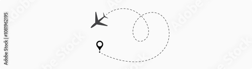 airplane travel straight and dotted path and location pin icon. start point and dash line trace for plane isolated vector illustration EPS 10 4