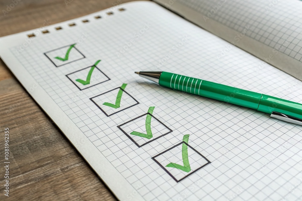 Three Checkmark Boxes on Grid Paper with a Green Pen Highlighting One Box Against a White Paper Background for Food Photography Inspiration and Organization Three Checkmark Boxes on Grid Paper with a Green Pen Highlighting One Box Against a White Paper Background for Food Photography Inspiration and Organization