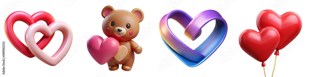 Obraz premium Valentine cute 3d decor. A collection of colorful hearts, a cute teddy bear, and vibrant balloons, all symbolizing love and affection.