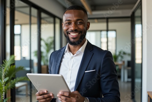 Professional Businessman Holding Tablet in Modern Office Setting, Perfect for Business Marketing and Corporate Branding Materials