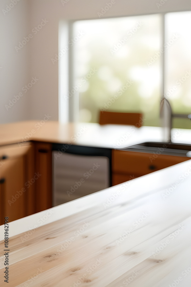 Fototapeta premium kitchen table background, wood counter top on blur of white clean abstract home interior with bokeh. used for display or montage your wooden for dining background. table banner