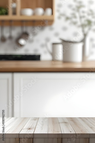 kitchen table background, wood counter top on blur of white clean abstract home interior with bokeh. used for display or montage your wooden for dining background. table banner