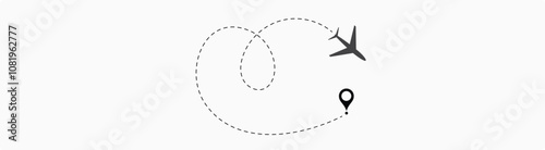airplane travel straight and dotted path and location pin icon. start point and dash line trace for plane isolated vector illustration EPS 10 5