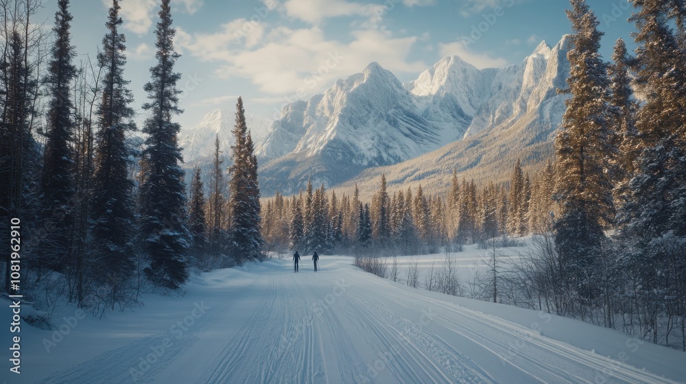 Cross-country skiing through a still forest on a snow-packed trail, towering mountains in the distance. Cross-country skiing through a still forest on a snow-packed trail, towering mountains in the distance.