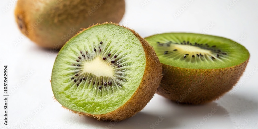 Fototapeta premium Tilt-Shift Photography of a Kiwi and Half on White Background Isolated for Fresh Fruit Concept, Healthy Eating, and Culinary Use