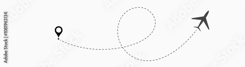 airplane travel straight and dotted path and location pin icon. start point and dash line trace for plane isolated vector illustration EPS 10 56