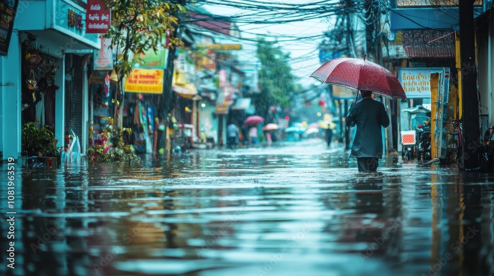Obraz premium Rainy Day in a Flooded City Street Scene