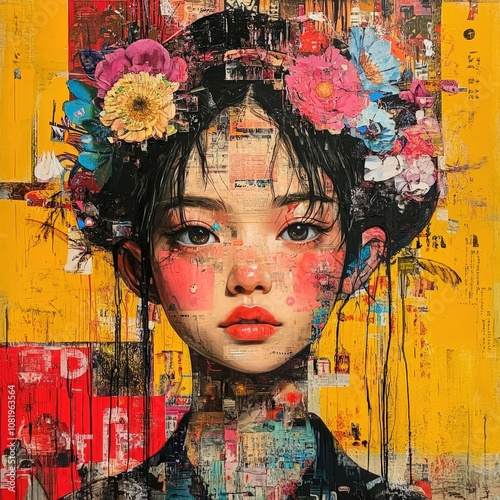 A vibrant portrait of a girl adorned with flowers, showcasing a unique blend of colors and textures, evoking emotions and beauty.
