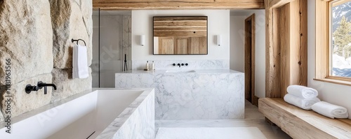 Rustic marble bathroom with wooden beams and stone details, natural elements, warmth