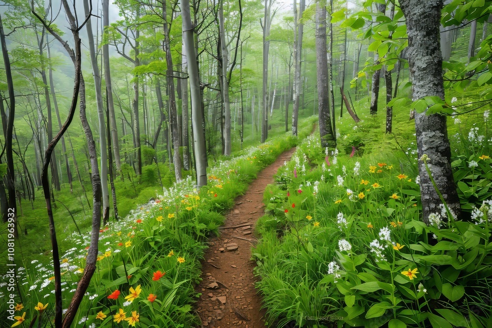 Fototapeta premium Tranquil Forest Pathway Surrounded By Lush Greenery And Wildflowers
