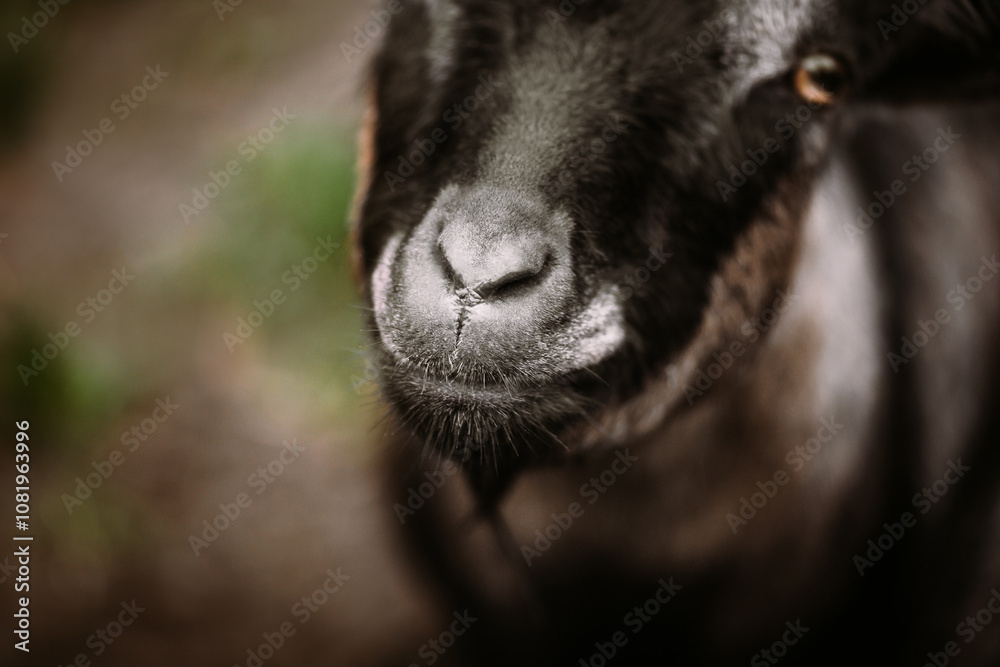 Closeup snout of a black goat, capra aegagrus hircus Closeup snout of a black goat, capra aegagrus hircus