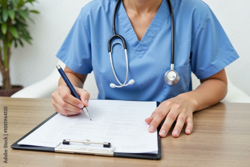 Professional Nurse in Blue Scrubs Writing Medical Notes with Stethoscope, Symbolizing Dedication and Care in Healthcare Professional Nurse in Blue Scrubs Writing Medical Notes with Stethoscope, Symbolizing Dedication and Care in Healthcare