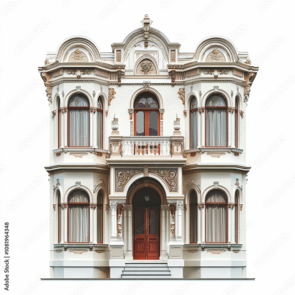 Fototapeta premium Ornate white building with arched windows and a wooden door.
