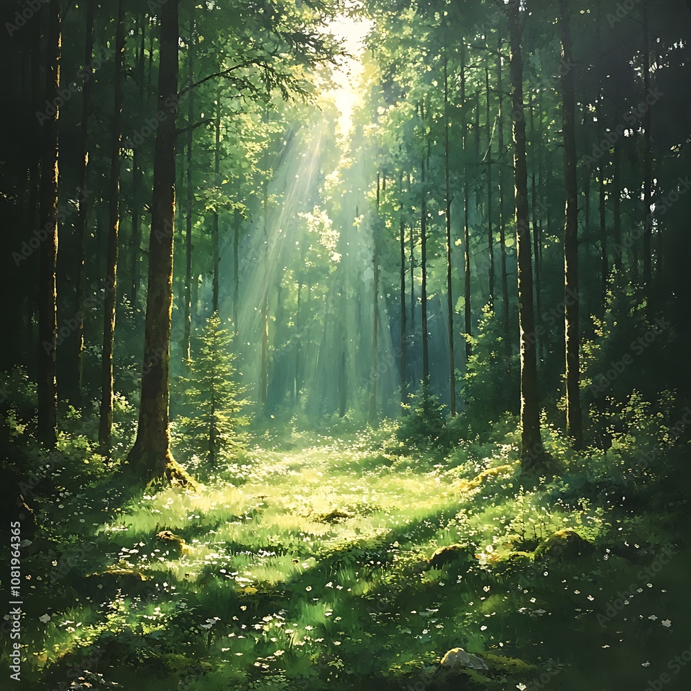 Forest clearing with lush green trees and foliage under sunlit sky picture Forest clearing with lush green trees and foliage under sunlit sky picture