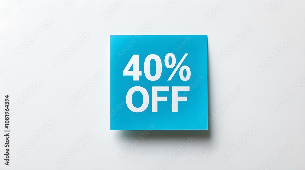 White '40% OFF' Text on a Blue Square Paper Note. White Background with Copy Space White '40% OFF' Text on a Blue Square Paper Note. White Background with Copy Space