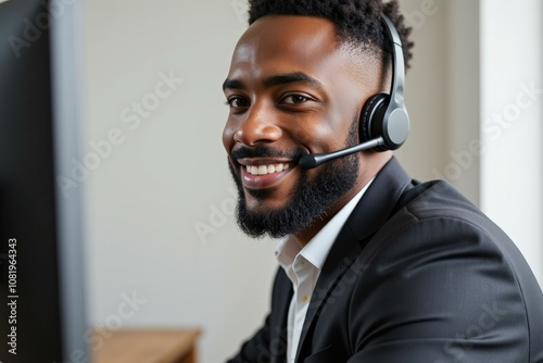 Professional Black Man Wearing Headset Smiling Office Work Customer Service Job Interview Business Attire photo