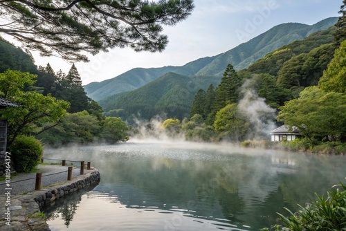 Tranquil Landscape of Kinrin Lake in Yufuin, Oita, Japan with Steam Rising from Hot Springs, Capturing the Essence of Nature Travel and Minimalist Photography photo