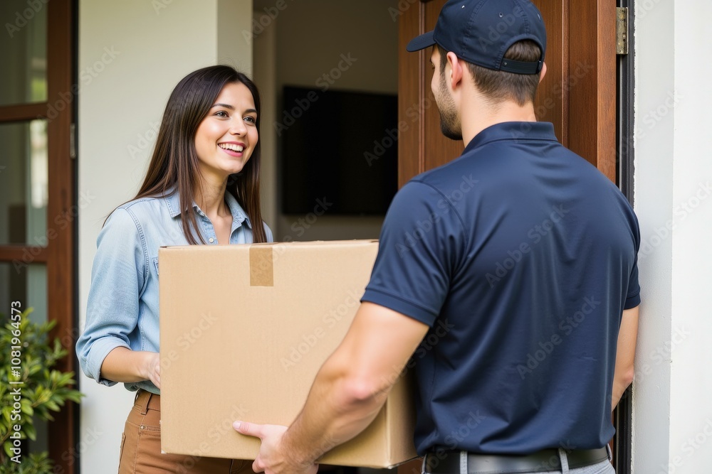 Happy Woman Receiving Package Delivery at Doorstep by Professional Delivery Man in Blue Uniform, Perfect for E-commerce and Logistics Themed Images Happy Woman Receiving Package Delivery at Doorstep by Professional Delivery Man in Blue Uniform, Perfect for E-commerce and Logistics Themed Images