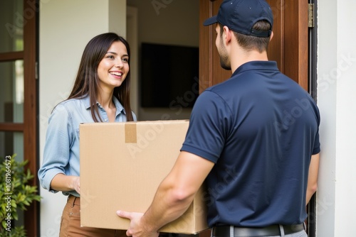 Happy Woman Receiving Package Delivery at Doorstep by Professional Delivery Man in Blue Uniform, Perfect for E-commerce and Logistics Themed Images