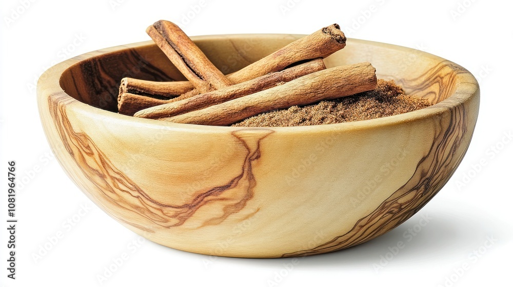 Cinnamon Sticks and Ground Cinnamon in a Wooden Bowl Cinnamon Sticks and Ground Cinnamon in a Wooden Bowl