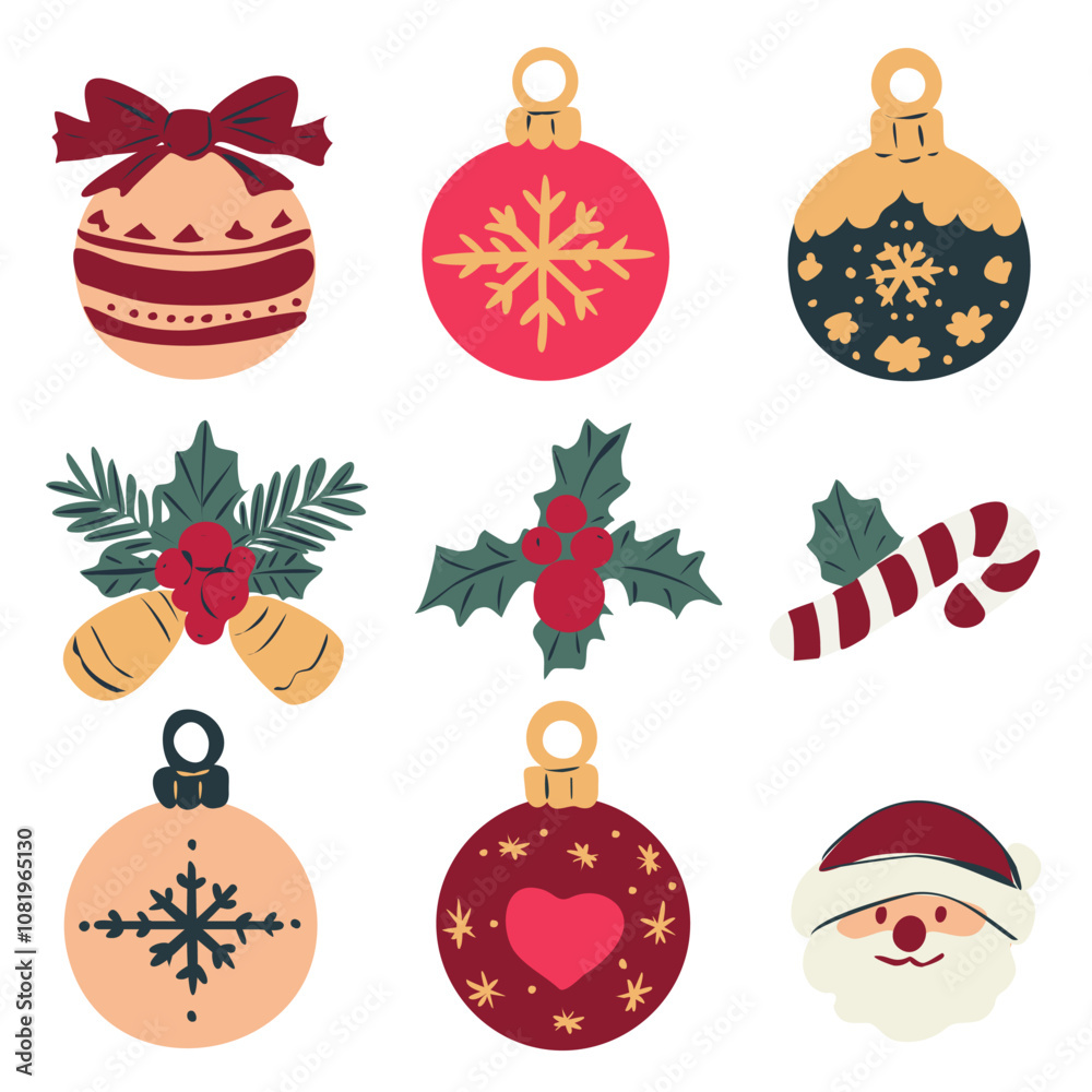 Vector Christmas set of decorative Christmas balls, bells, holly, lollipop and Santa Claus.