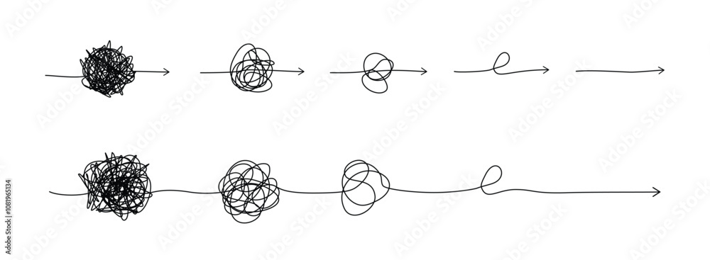 Complex line and Complicated way. Idea thinking process concept. Messy ball becomes a straight line concept.