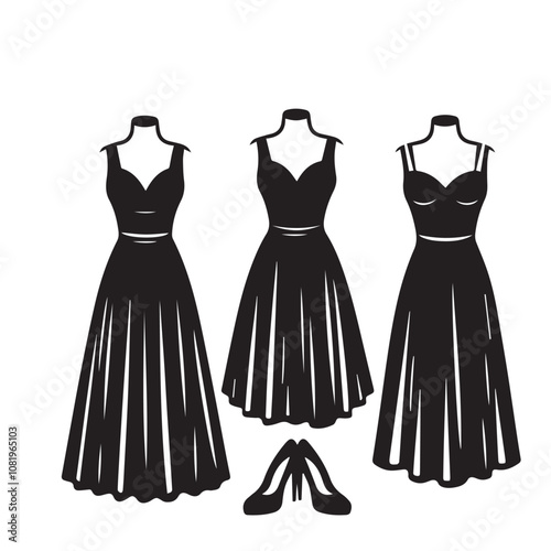 Women dress silhouette. Fashion dress vector design. Wedding dress vector design black and white.